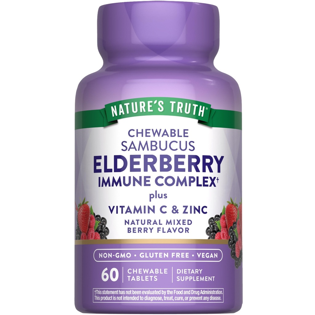 Nature 's Truth Elderberry Immune Complex 144; 60 Chewable Tablet 124; Plus Vitamin C & Zinc 124; Mixed Berry 12.4; Vegan, Non-GMO, & Gluten Free Supplemen