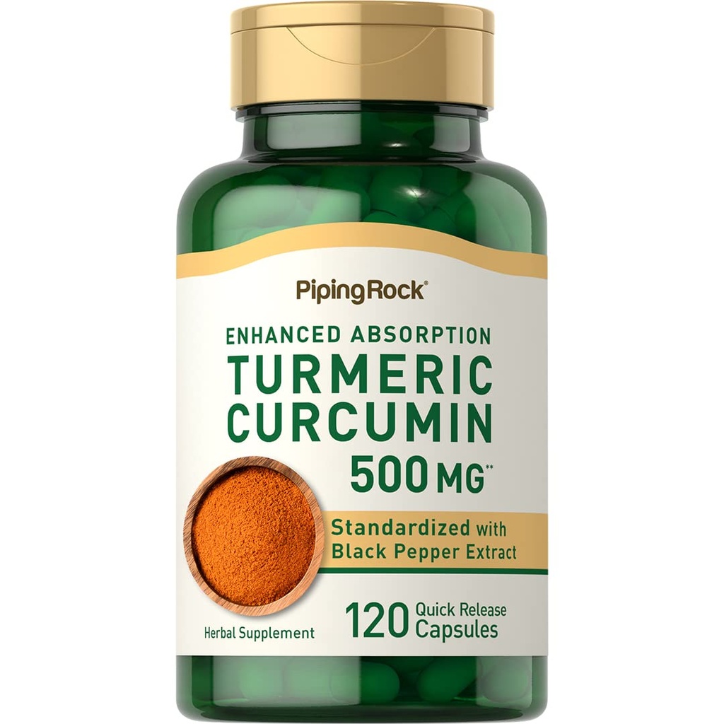 Piping Rock Turmeric Curcumin dengan Black Pepper 500mg 124; 120 Capsules 12.4; Standardized Herbal Supplement; Non-GMO, Gluten Free