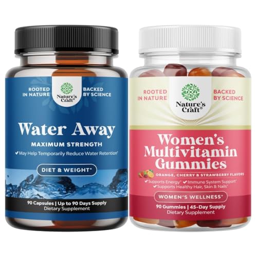 Bundle of Water Away Pill - Fluid Retention Suplement with Dandelion Leaf Extractions for Bloating Relief - Capsules for Leg & Feet Swelling and Women 's Multivitamin Gummies for Adutures Energy & Imunity