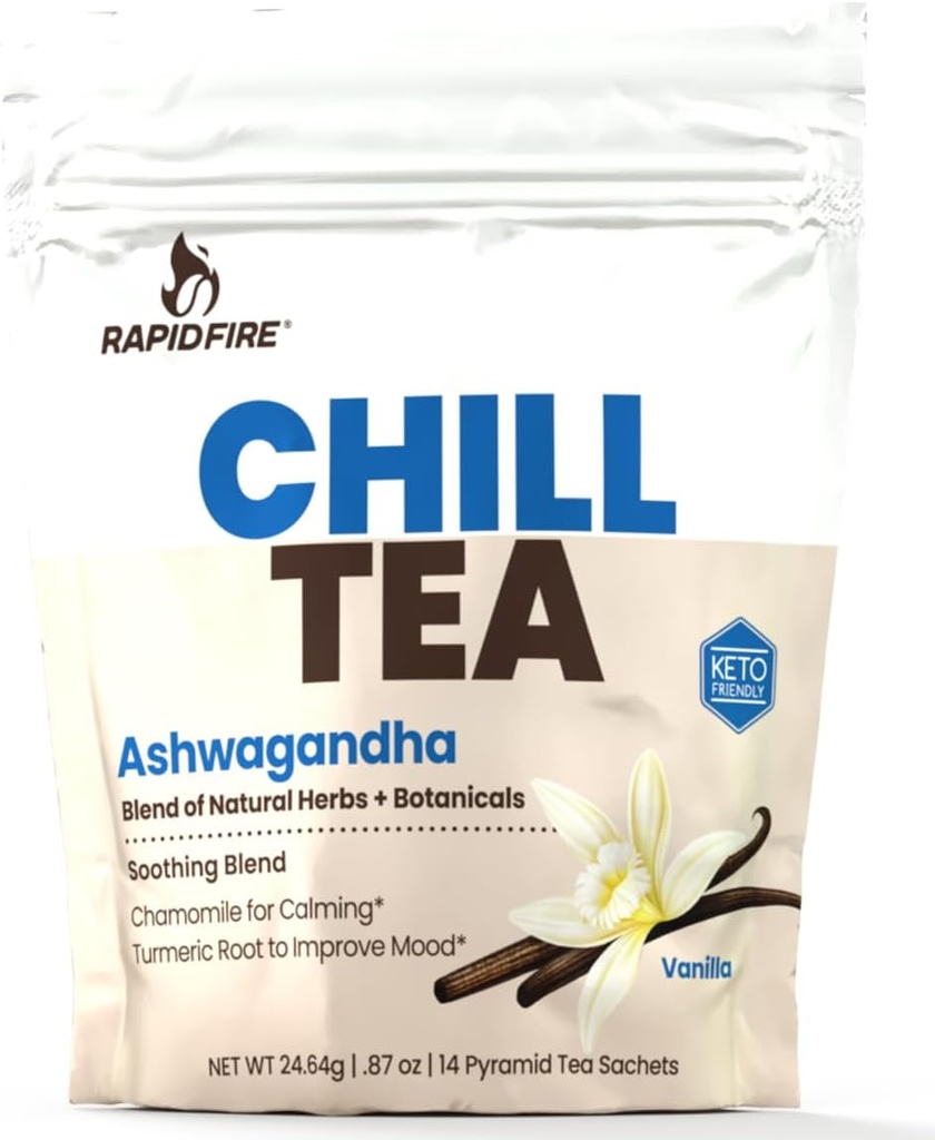 Chill Tea, Soothe Blend, Promotes Relaxation, with Ashwagandha, Chamomile, Turmeric, Stress Relief Tea, Caffeine Free, 14 Tea Bags, 14 Servings