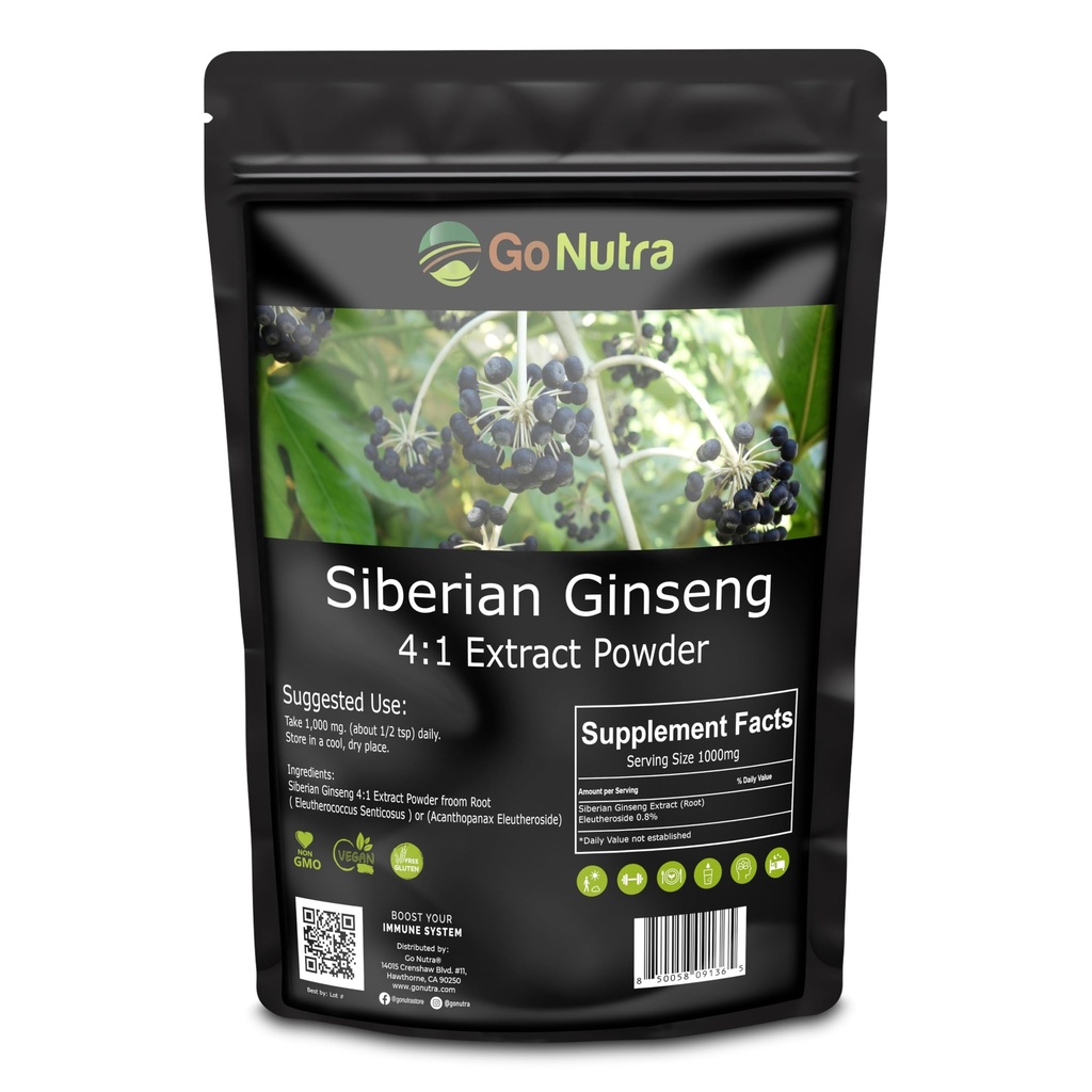 Go Nutra Siberian Ginseng - Eleuthero Root Powder 124; 4: 1 Ekstrak 4X Kali Lebih Kuat 124; Pasokan Energi & Stamina 124; Natural & Adaptogenik 124; Eleutherococcus Senticcus 14; Non-GMO 124; 4 Ounce