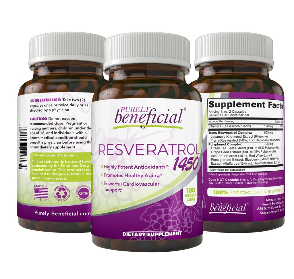 PURELY menguntungkan RESVERATROL1450-90day Supply, 1450mg per Serving dari Powerantioksidants & Trans- Resveratrol, Promotes Anti- Aging, Cardiovascular Dukung, Maksimum Benefits (1bottles)