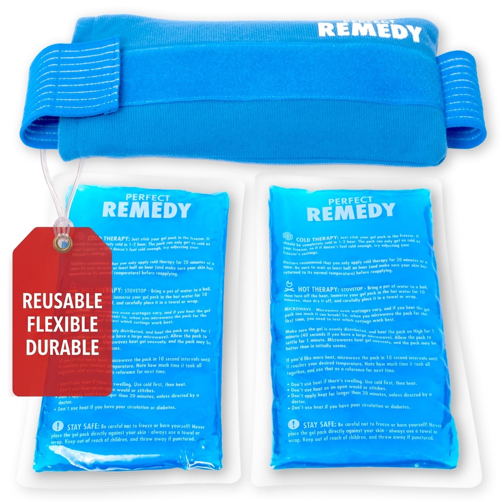 Perfect Remedy 2-Pack Gel Ice Packs for Injuries with Strap Cover, Flexible Hot Cold Compress, Soothing Soft Ice Packs for aid in Injuries Condition, Alternative to Hot Water Bottles (Blue, Regular)