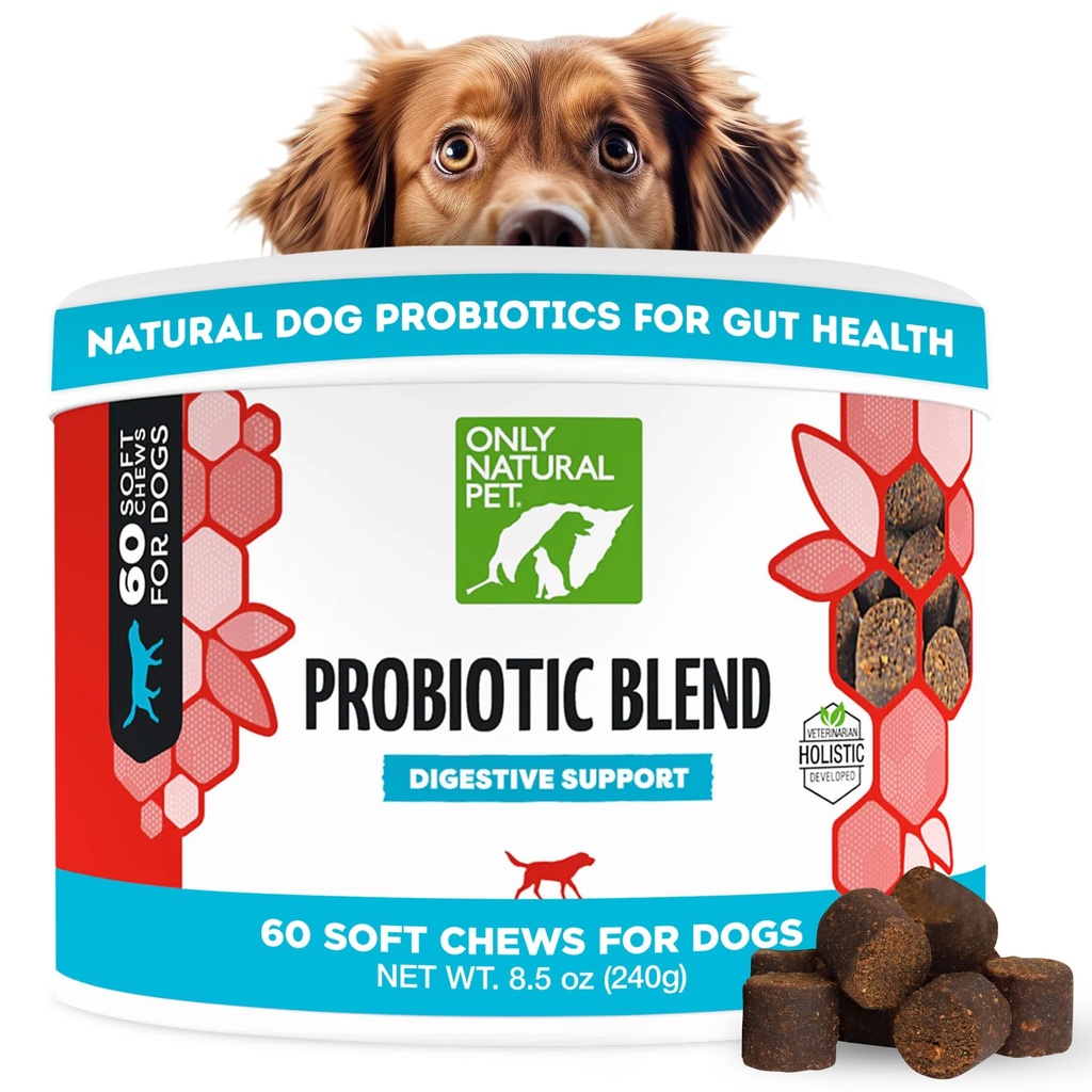 Hanya Natural Pet Probiotic Dog dan Cat Suplemen - Digeptical & Gut Health Enzyme Formula, Puppy & Canine Digetical Chews, Best for stomach Relief & Gas Aid - Soft Chews, 60 Count.