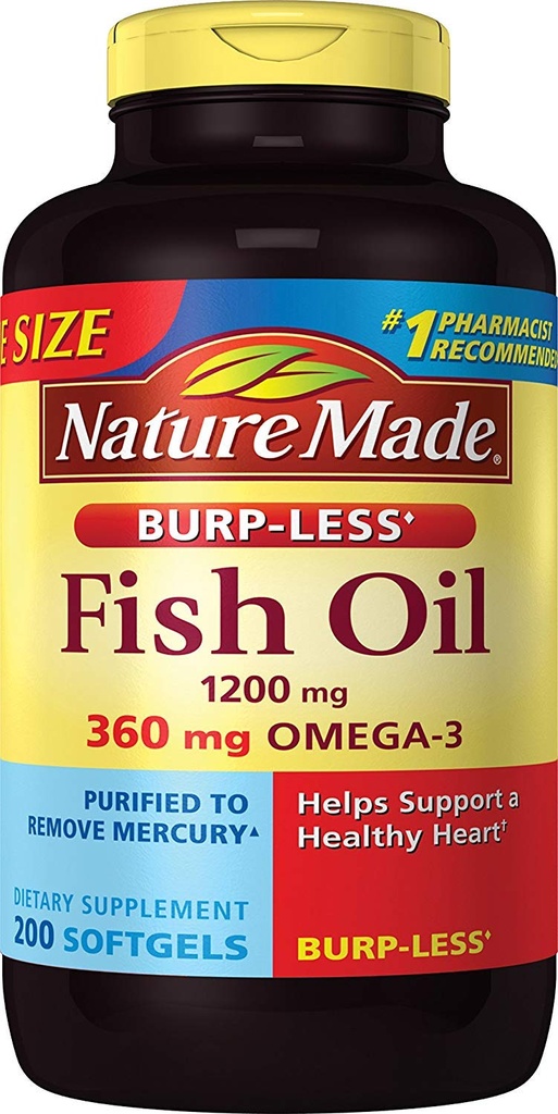 Burp- Kurang Minyak Ikan 1200 mg, 200 Softgels, Minyak Ikan Omega 3 Tambahan Untuk Kesehatan Hati