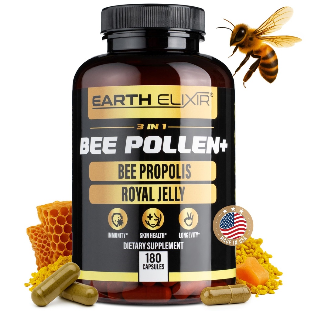 Bumi Elixir 3-1 Organik Bee Capsule - Non- GMO, Raw Bee Pollen, Royal Jelly, Propolis Extract for Women & Men - Natural Energy, Ammune & Vitalitas Dukungan - 180 Propolis Capsules
