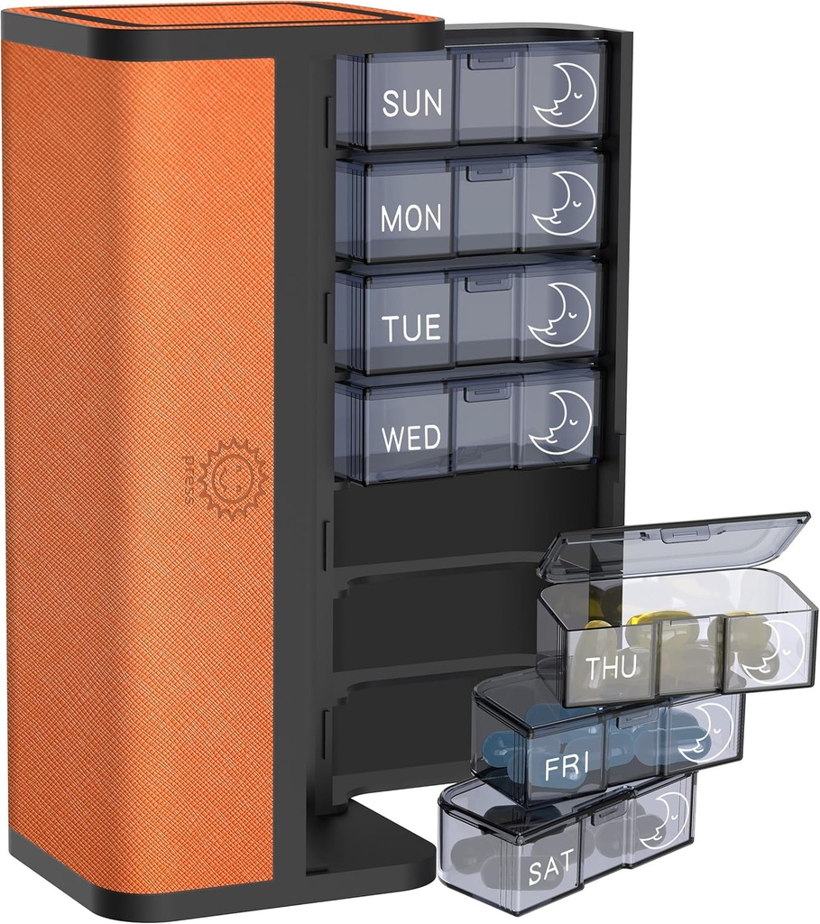 7 Hari AM / PM Pill Organizer dengan Scratch-Resistant Leather Case - Portable Weekly Travel Box dengan Untacyble Daily Pods & Privation Design (Bright Orange)