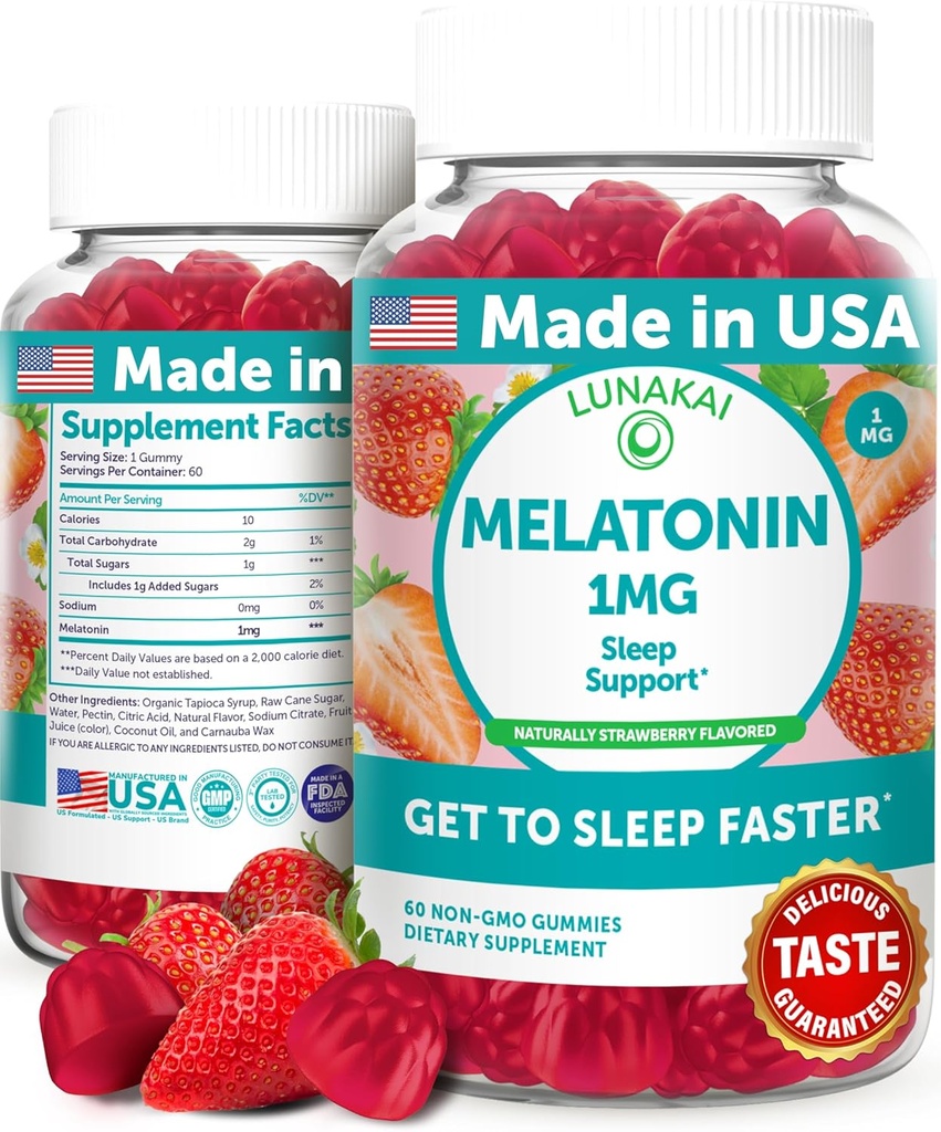 Lunakai USA Made Low Dose Melonatin in Gummies 1mg - Sleep Aid for Dewata & Kid - Non-GMO, Vegan, Gluten- Free - 60 Count