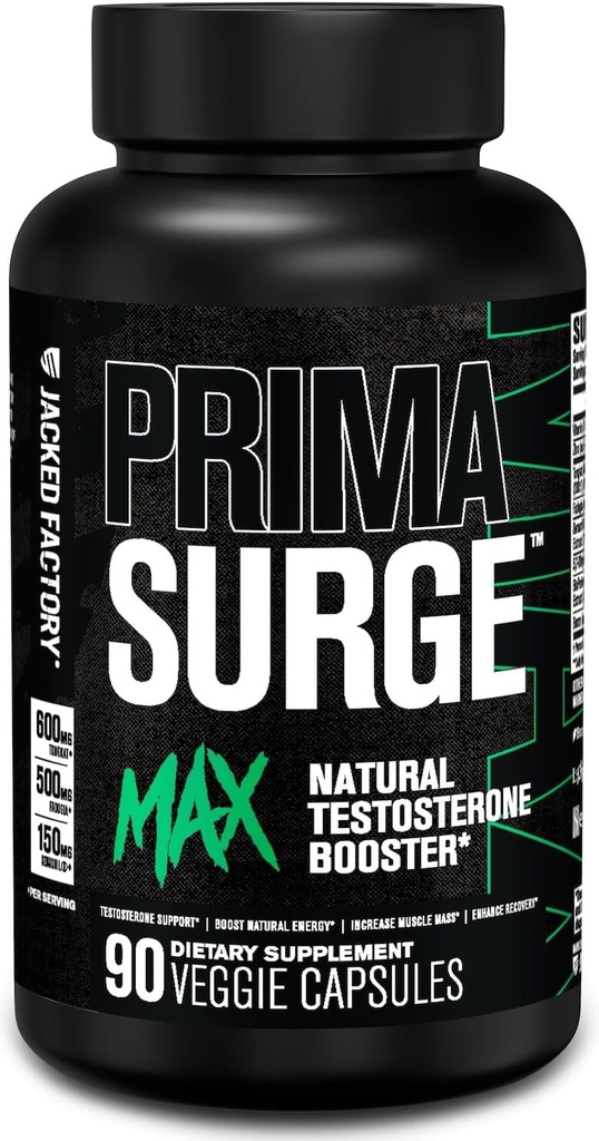 Jacked Factory Primasurge Max Testosterone Booster for Men - Natural Testosteron Suplemen dengan Tongkat Ali, Fadogia Agrestis & Sensoril Ashwagandha - Penguji Booster untuk Massa Otot - 90 Count