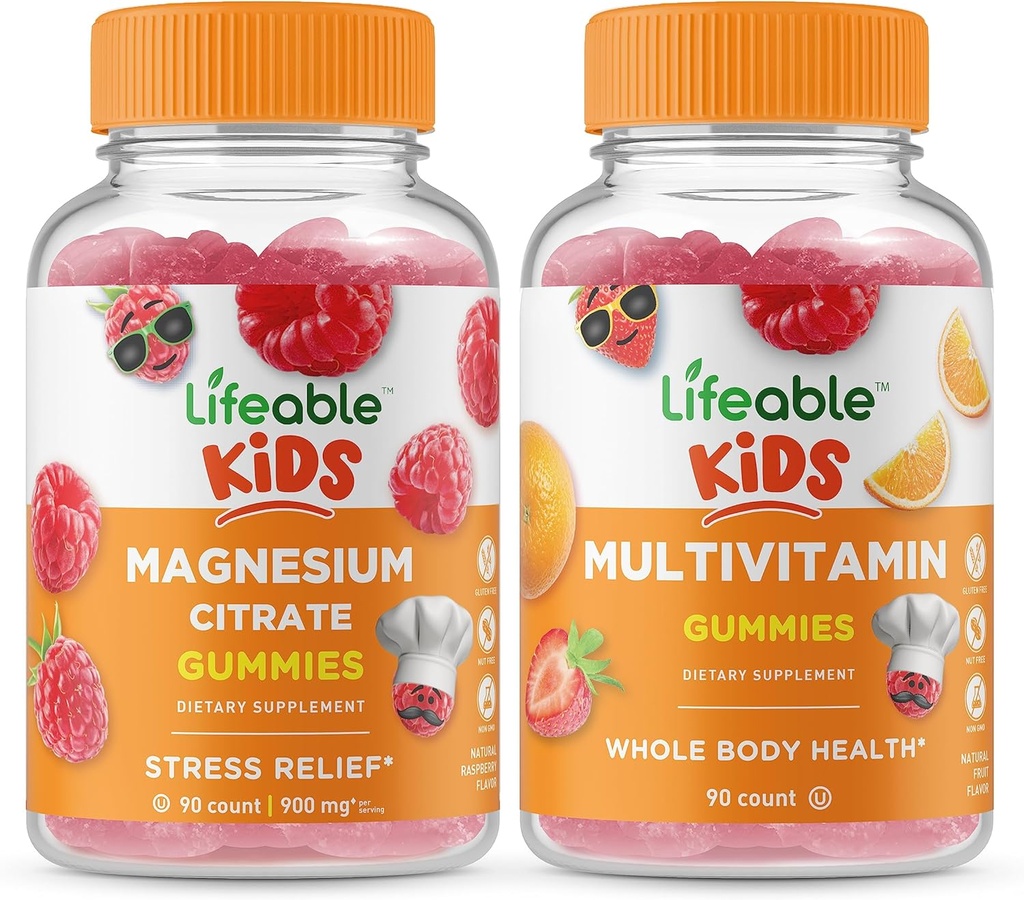 Lifeable Magnesium Kids + Multivitamin Kids, Bundle - Great Tasting, Vitamin Suplemen, Gluten Free, GMO Free, Chewable Gummy