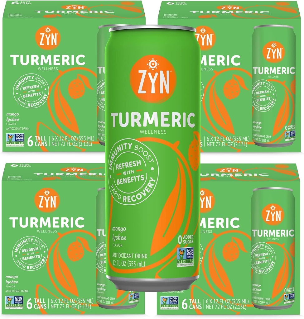 ZYN Turmeric Wellness Drink (24 Pack), Mango Lychee Flavored Turcumin Drink with Black Pepper, No Added Sugar, Low Carb & Low Calorie Drink, Clean Alternative