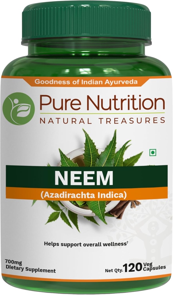 Neem Nutrition Capsules 700mg murni (sama dengan 2600mg Neem Leaf Powder dan Bark Powder) Non GMO 124; Setelah Daily 124; 120 Hari Suply.