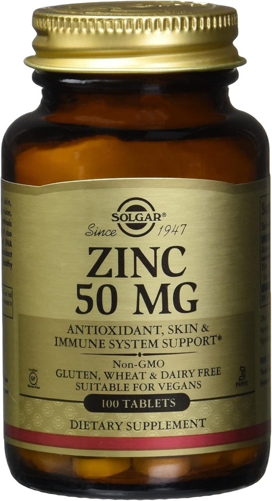 Solgar Zinc 50 Mg, 100 Tablet - Zinc for Healthy Skin, Immune System dan Antioksidant Support - 100 Servis, 100 Cacah (Paket 12)