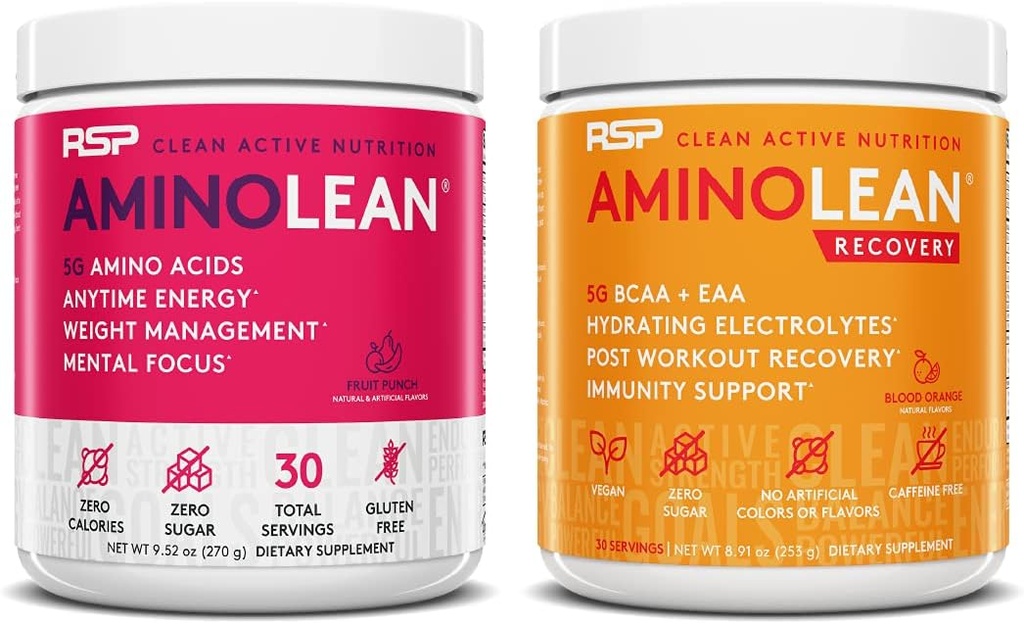 RSP NUTRITITION AminoLean Pre Energy (Fruit Punch 30 Servings) with AminoLean Recovery Post Workout Boost (Blood Orange 30 Servings)