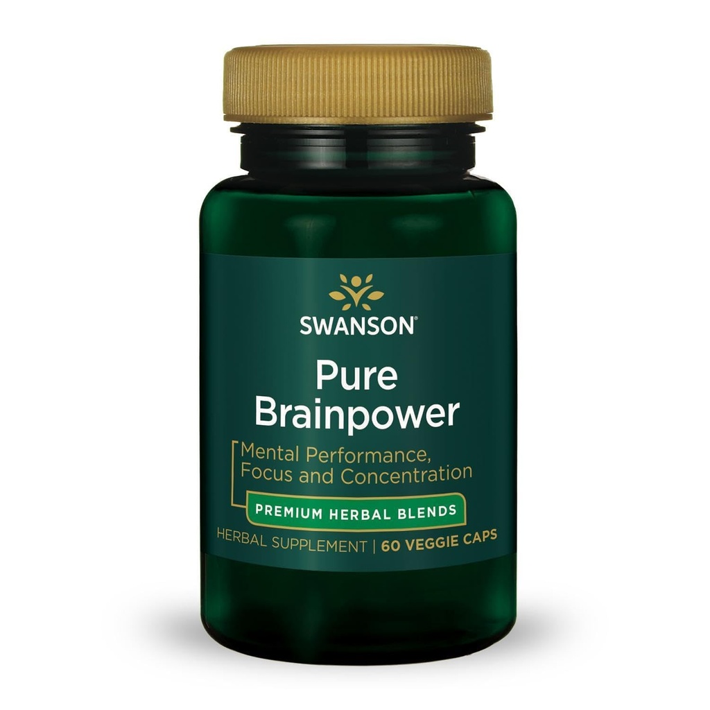 Swanson Pure Brainpower Health Cognitive Memory Focus Dukung Brain- Derimetrophic Factor (BDNF) Herbal Suplemen (Ginkgo Biloba, Bacopa Monnieri) 60 Veggie Capsules (Veg Capules) Vegan