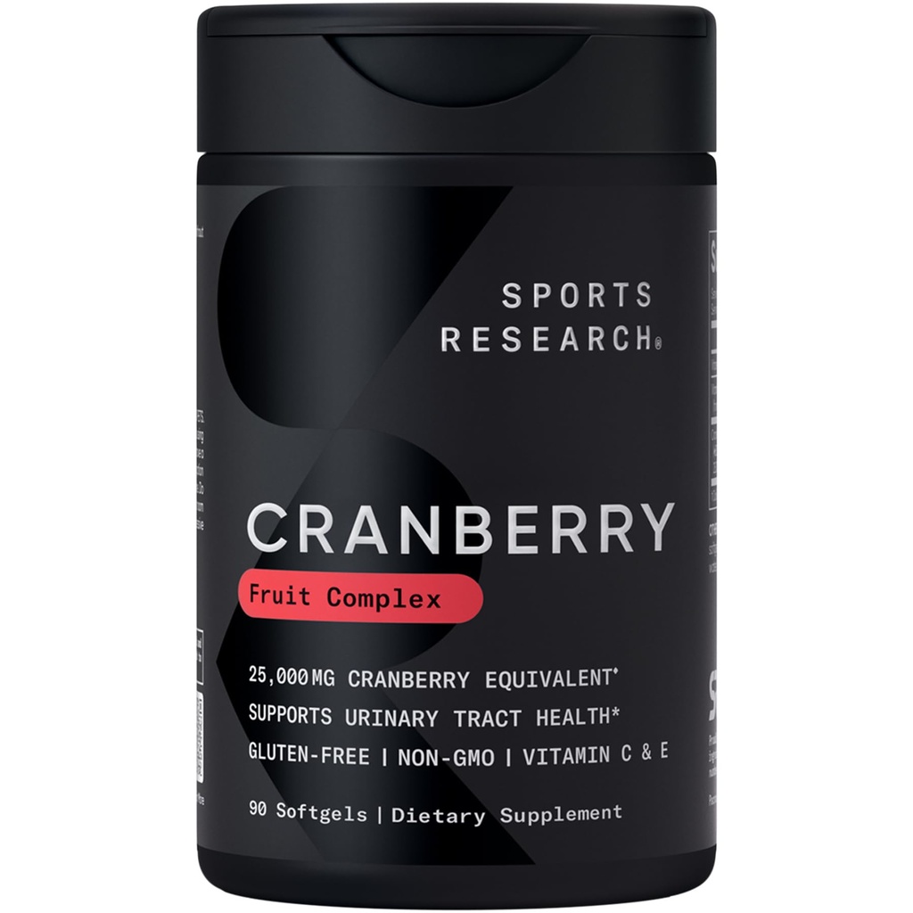 Sports Research Cranberry Frux Complex - Softgels for Urinary Trakt Health Support - Equal to 25,000 mg of Cranberry, Made with Pacran & Vitamin C & E - Non-GMO & Gluten Free - 90 Count