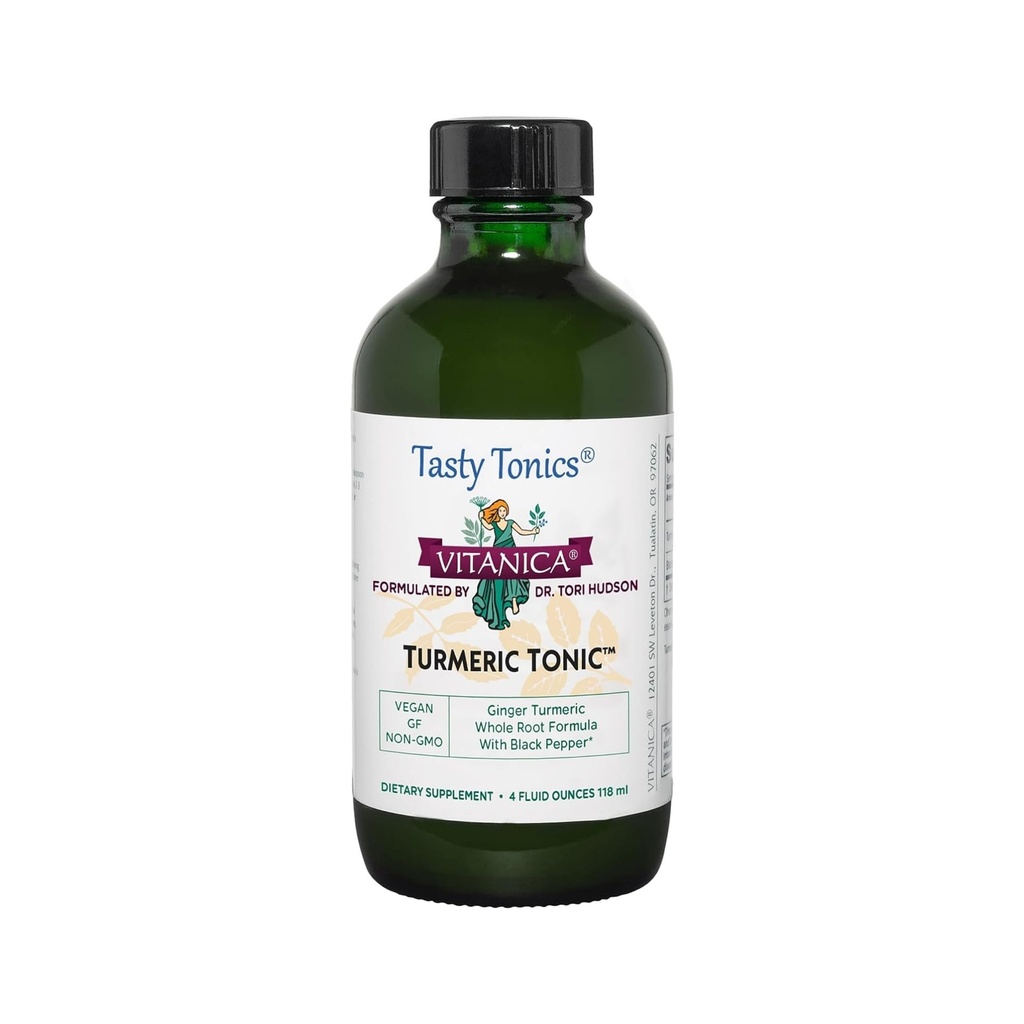 Vitanica, Tonic Turmeric, Non- GMO Liquid Curcumin Suplemen 1000 mg, dengan Black Pepper dan Ginger, Antioksidant, Vegan, Gluten Free, 4 Ounce