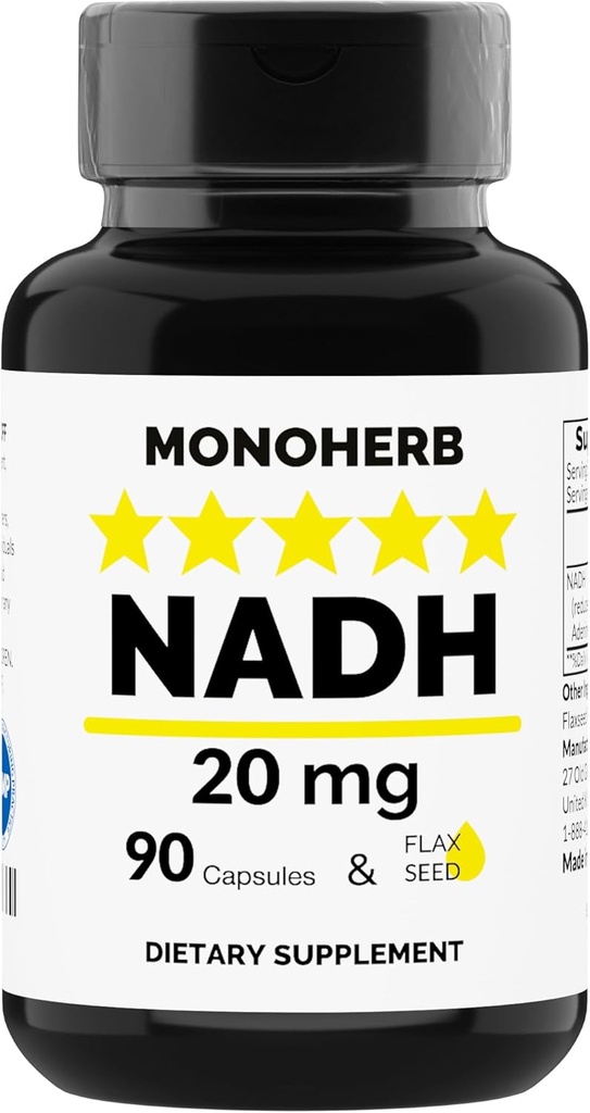 MONOHERB NADH 20 mg - 90 Vegetarian Capsules - Reduced Nicolingamide Adenine Dinucleotide Supplemen