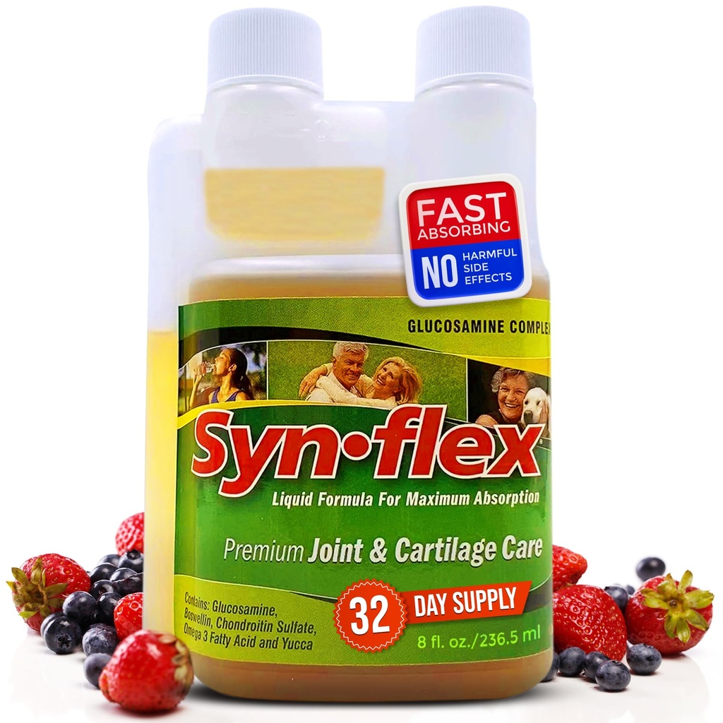 Synflex Liquid Glucosamin Original Formula - Chondroitin, Vitamin, Mineral - Drink Suppplemen untuk Pria & Perempuan, Membantu Dukungan Gabungan & Kartilage Kesehatan - Berry Flavor, 32 Day Supppply