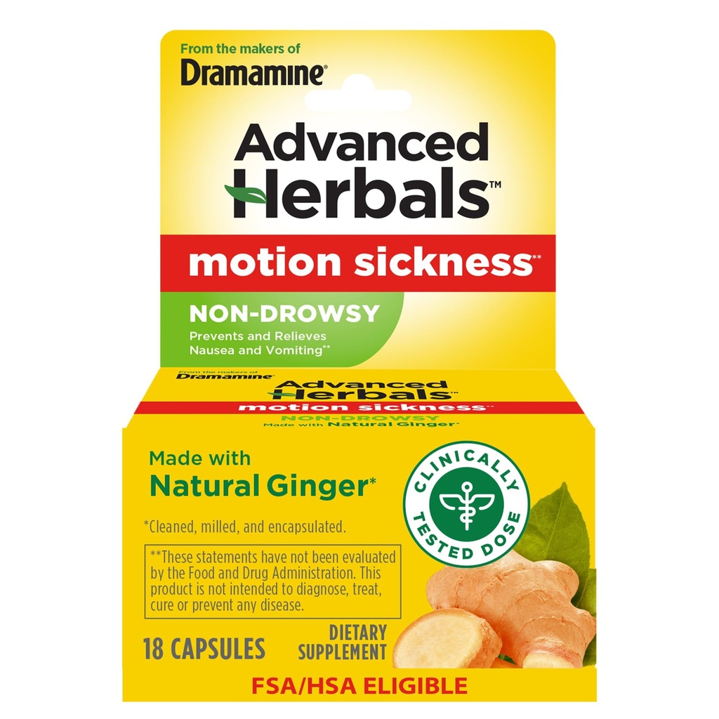 Dari Makers of Dramamine, Advanced Herbals, Non-Drowsy, Motion Sickness Relief, Dibuat dengan Natural Ginger, 18 Count