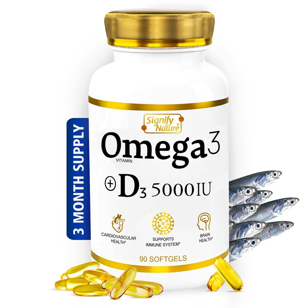 SIGNIFY NATURE Omega 3 Fish Oil Suplemen dengan Vitamin D3 5000 IU - 100mg Triglyceride Capsules for Brain Health - Omega3 EPA DHA + VIT D 3- 90CT