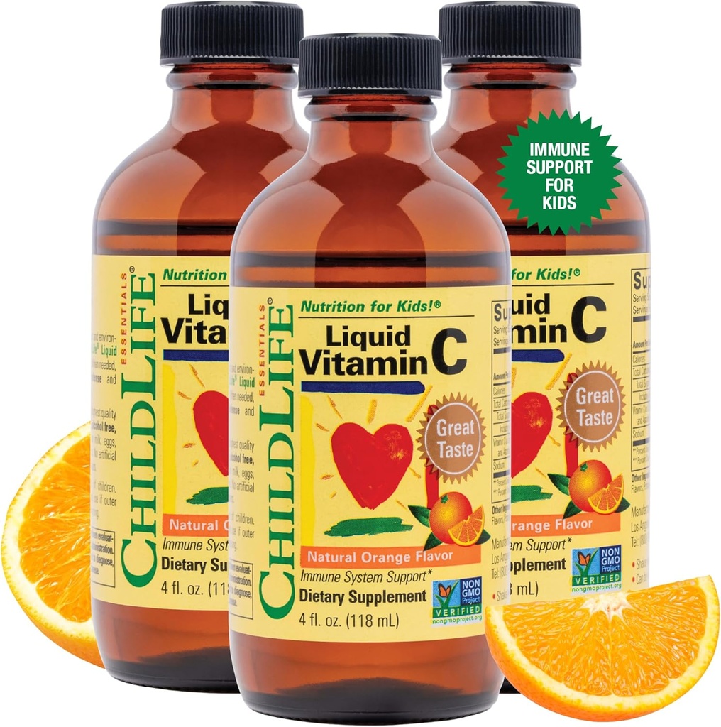 CHILDLIFE ESSENTIALS Liquid Vitamin C - Pure Vitamin C Liquid Suplemen untuk Anak, Imune System Dukungan, Great Taste - Orange Natural, 4 Fl Oz (Paket 3)