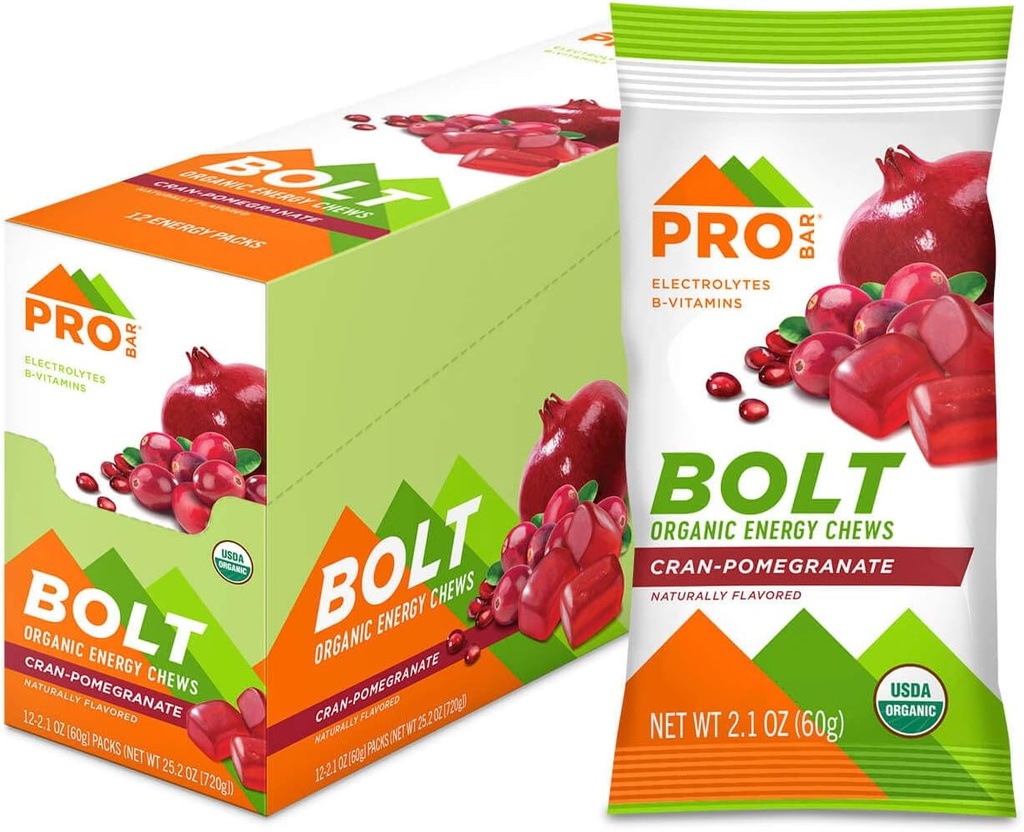 PROBAR - BOLT Energi Organik Chews, Cranberry Pageculate, Non- GMO, Gluten- Free, USDA Bersertifikat Organik, sehat, Energi Alam, Gummi Bahan Bakar Cepat dengan Vitamin B & C (12 Count)