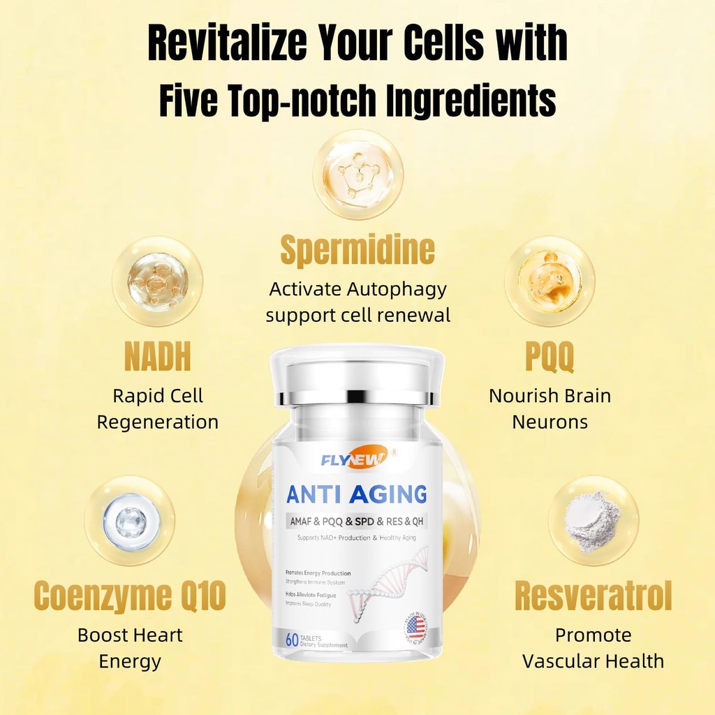 Anti- Aging, Resveratrol, NADH & PQQ, Healthy Hair, Skin, dan Nails, Cellular Health, Spermidine, Ubiquinol, GMP, Made di USA 60 Kapsul