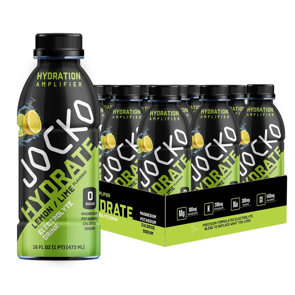 Jocko Bahan Bakar Hydrate Minuman Elektrolite - Minuman Hidration amplifier Olahraga, Thirst Quencher - Formumulasi Ilmiah Elektrolite Blend Lemon- Lime 16 Oz (12 Pack)