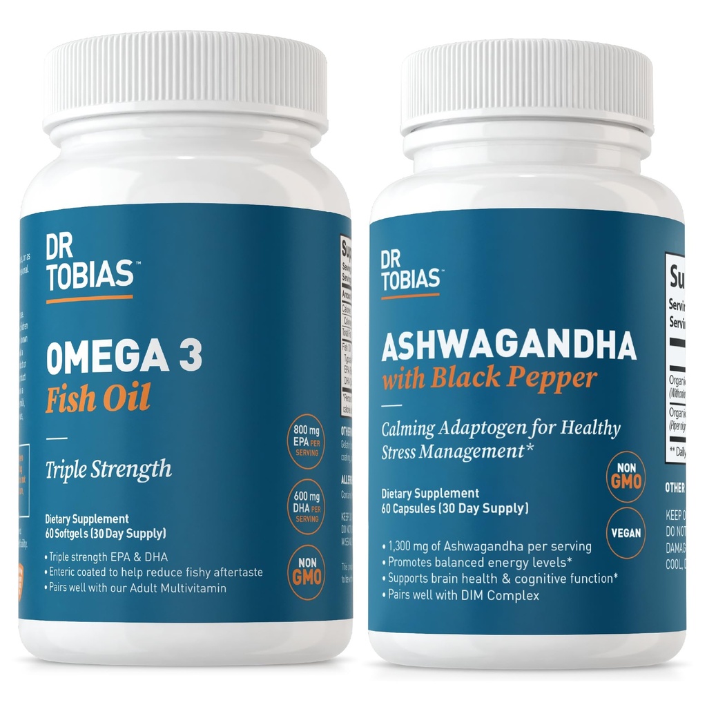 Dr. Tobias Omega 3 Fish Oil dan Ashwagandha Capsules, Dukungan Overall Wellness & Balanced Energy & Resilience, Non-GMO