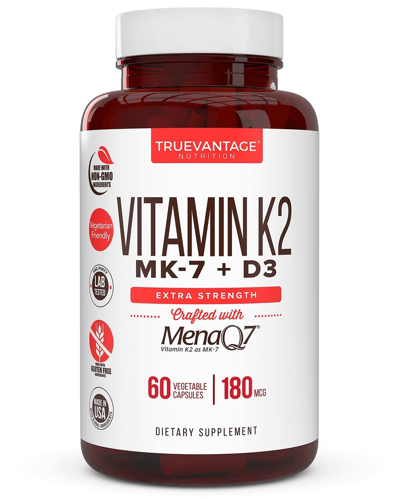 Suplemen Vitamin K2 D3 5000 IU D3 dan 180 mcg Vitamin K2 MK7 Suplemen untuk Heallean Bones, Hati sehat & Cardiovaskular Kesehatan - 60 Mudah untuk Swallow Vegetable caps dari MenaQ7 K2 MK7