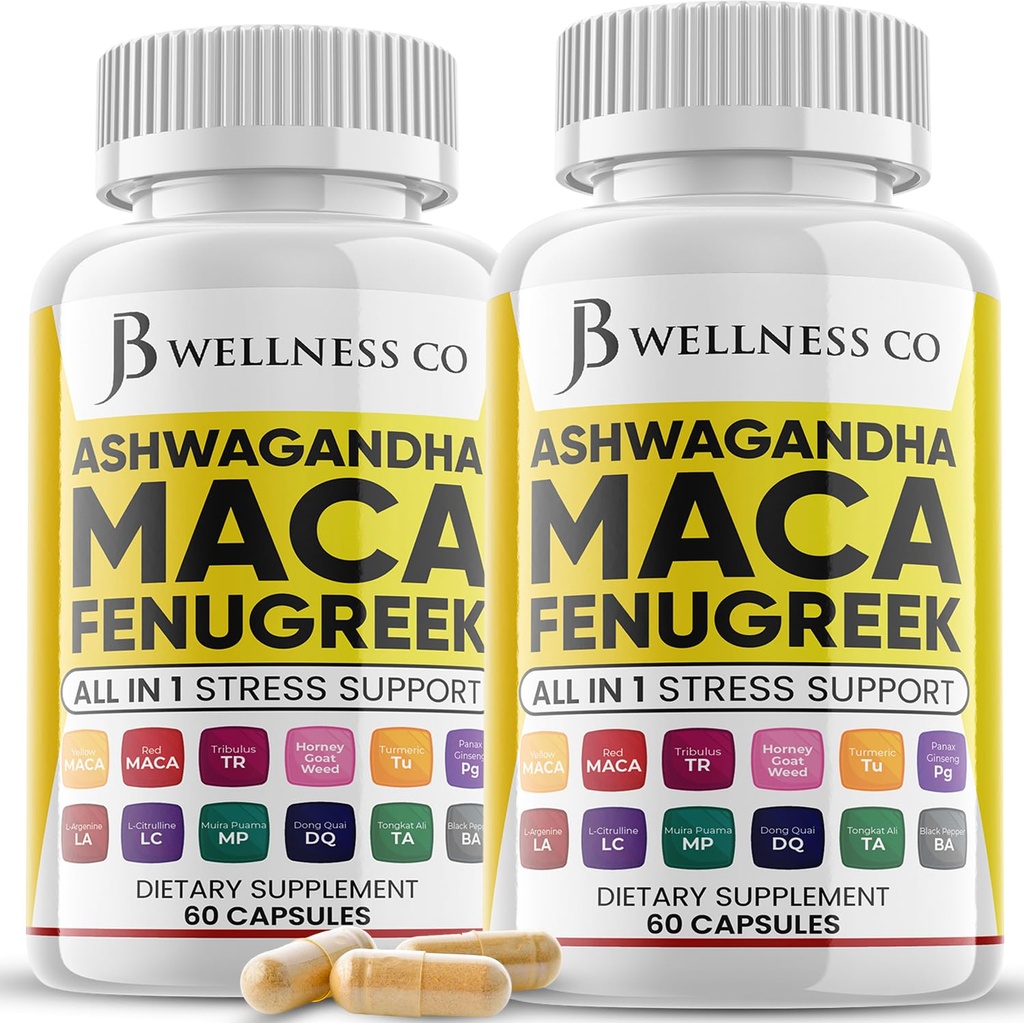 Ashwagandha Maga Root Fenugreek Suplemen dengan Tongkat Ali Ginseng - Asisten Mood & Thyroid Kesehatan - Dibuat di AS - 120 Count