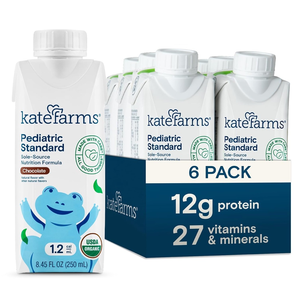 KATE FARMS Organik Pediatric 1.2 High Calorie Chocolate Nutrection Shake, 12g Protein, 27 Vitamin dan Mineral, Penggantian Meal, 8.45 oz (6 pack)