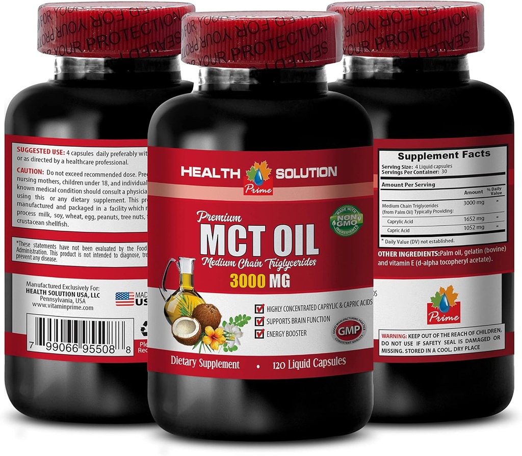 Suplemen Dukungan Energi - MCT Oil 3600MG, 100% Murni, Medium Chain trigliserida - mct Oil dibuat dengan Coconut Oil, mct Oil Pil, mct Oil for Memory, mct Oil for Oil, mct Coconut Oil - 1B 120Soft