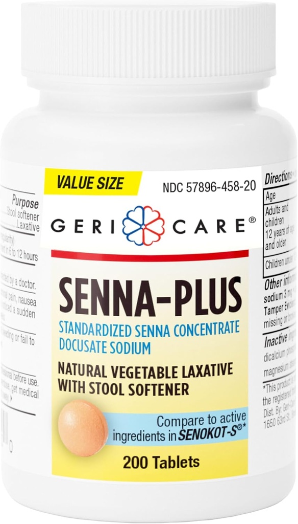 Senna GeriCare Plus Natural Laxative with Stool Softer, Docucate Sodium 50mg, Sennoides 8.6mg, 200 Tablet (Paket 1)