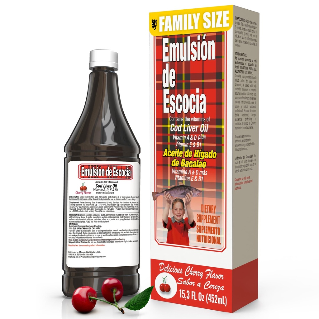Emulsión de Avercia with Cod Liver Oil - Cherry Flavor - Vitamin A, D, E & B1 for Immune and Liver Dupport for Children - 15.3 Fl Oz 124; 1 - Pack