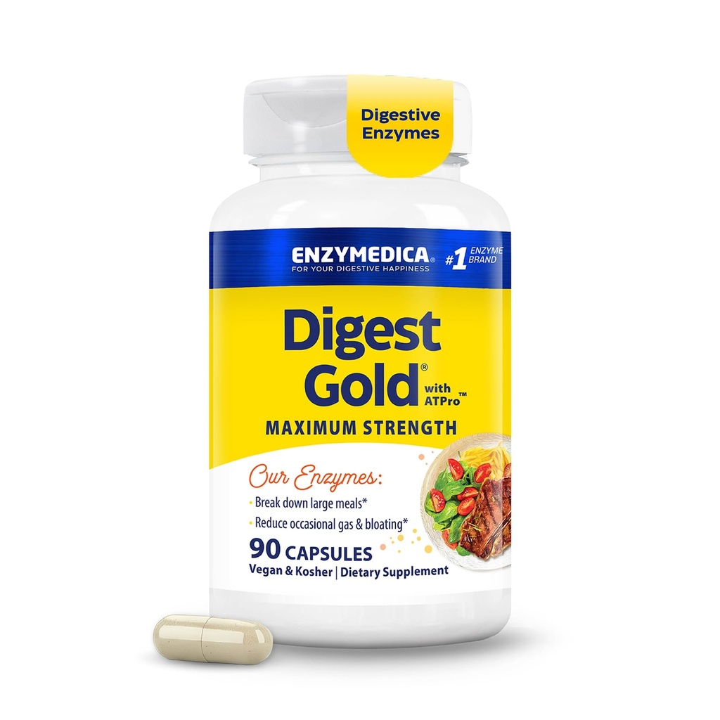 Enzymedica Digest Gold + ATPro, Maximum Power, Fast- Acting, Helling Digest Large Meals, for Bloating and Gas, 90 Kapsul