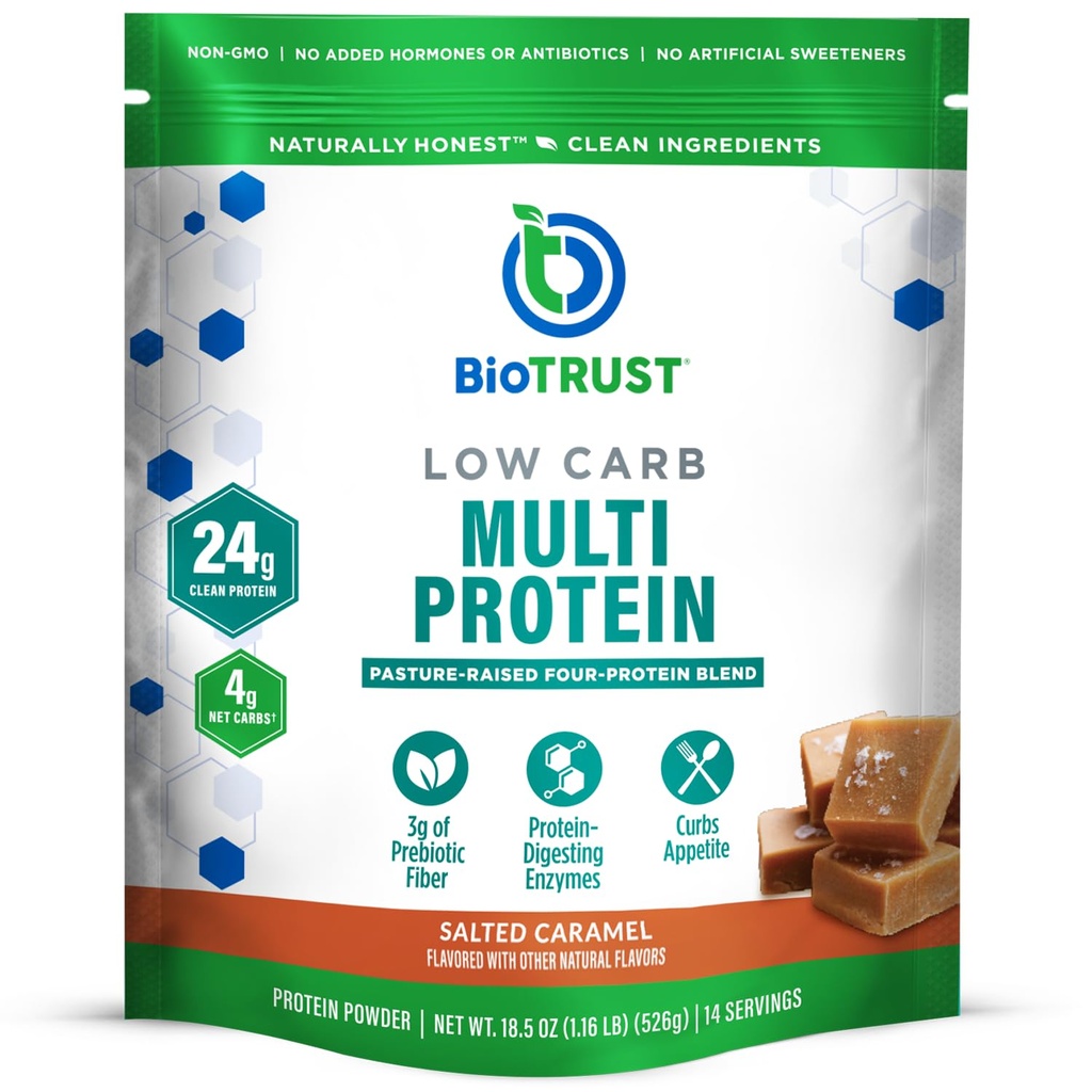 BioTrust Low Carb Protein Powder - Sehat Isolated Whey Protein Powder dan Casein Blend dari Grass- Fed, Pasture- Raised Cattle, Plus Digevically Enzymes - Salted Caramel, 14 hamba