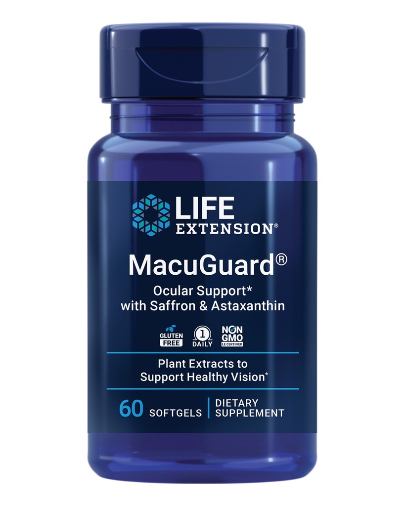 Ekstensi Hidup Macuguard Ocular Dukungan dengan Saffron & Astaxanthin - Tambahan Kesehatan Mata untuk Vision Sehat - dengan Lutein, zeaxanthin, Meso-zeaxanthin - Gluten- Bebas, Non-GMO - 60 softgeels