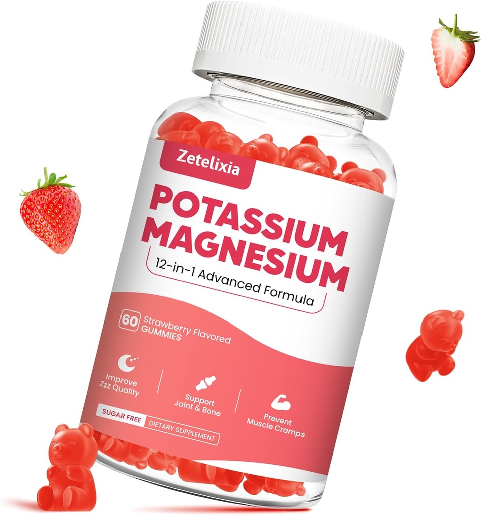 Potasium Magnesium Suplemen Gummies untuk Anak-Anak Dewasa, Magnesium Glycinate & Potasium Citrate, Plus Multivitamin, Omegaga- 3 & Black Pepper, Kram Kaki, Muscle & Heart Health, 60ct