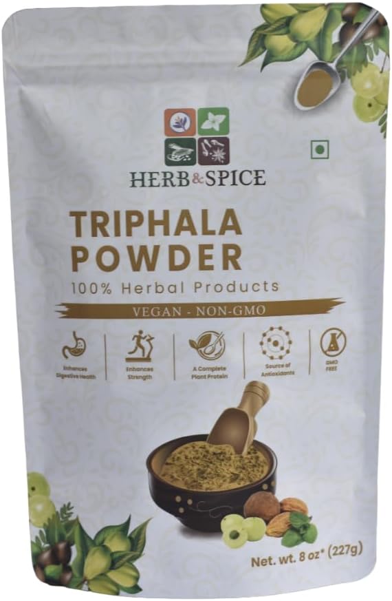 Triphala Powder Non GMO, Gluten Free, 100% Raw, Sourced from India, Herbal Formula Amla, Haritaki, Bibhitaki, Packed in Resleable Zip Lock Pouch (227 Gram)
