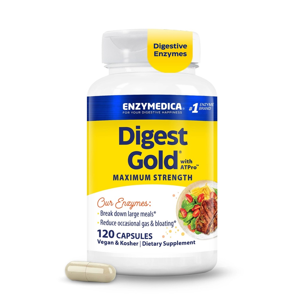 Enzymedica Digest Gold + ATPro, Maximum Power Digetical Enzymes, Helling Digest Large Meals, for Gas and Bloating, 120 Kapsul