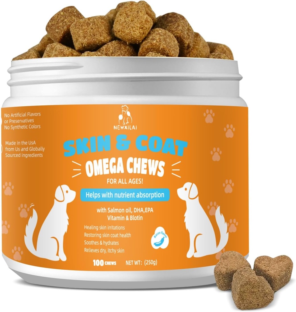 Skin dan Coat Chews for Dogs - Itchy Skins Dog Supplement Duplication Hot Spots Comfort and Shedding Allergy Joint Health with Omega 3 Fish Oil, EPA & DHA Fatty Acids, Bacon Flavor 100 Count Softs Treats