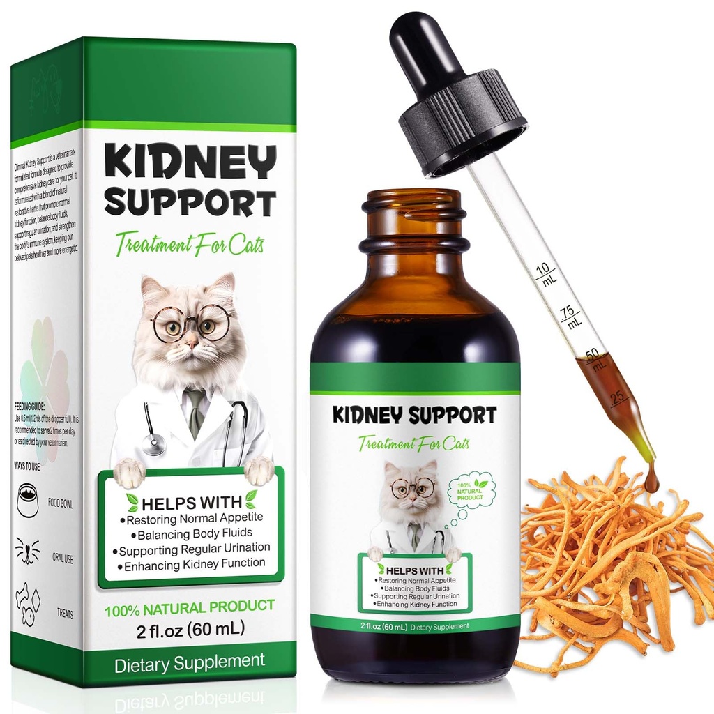 Dukungan untuk Kucing, Perawatan Cat Kidney Dukungan Penentuan Kucing, Fungsi Strengthen Kidney, Meningkatkan Kebal, Tambahan Herbal Fungsi Sehat Ginjal - 60ml / 2F.oz