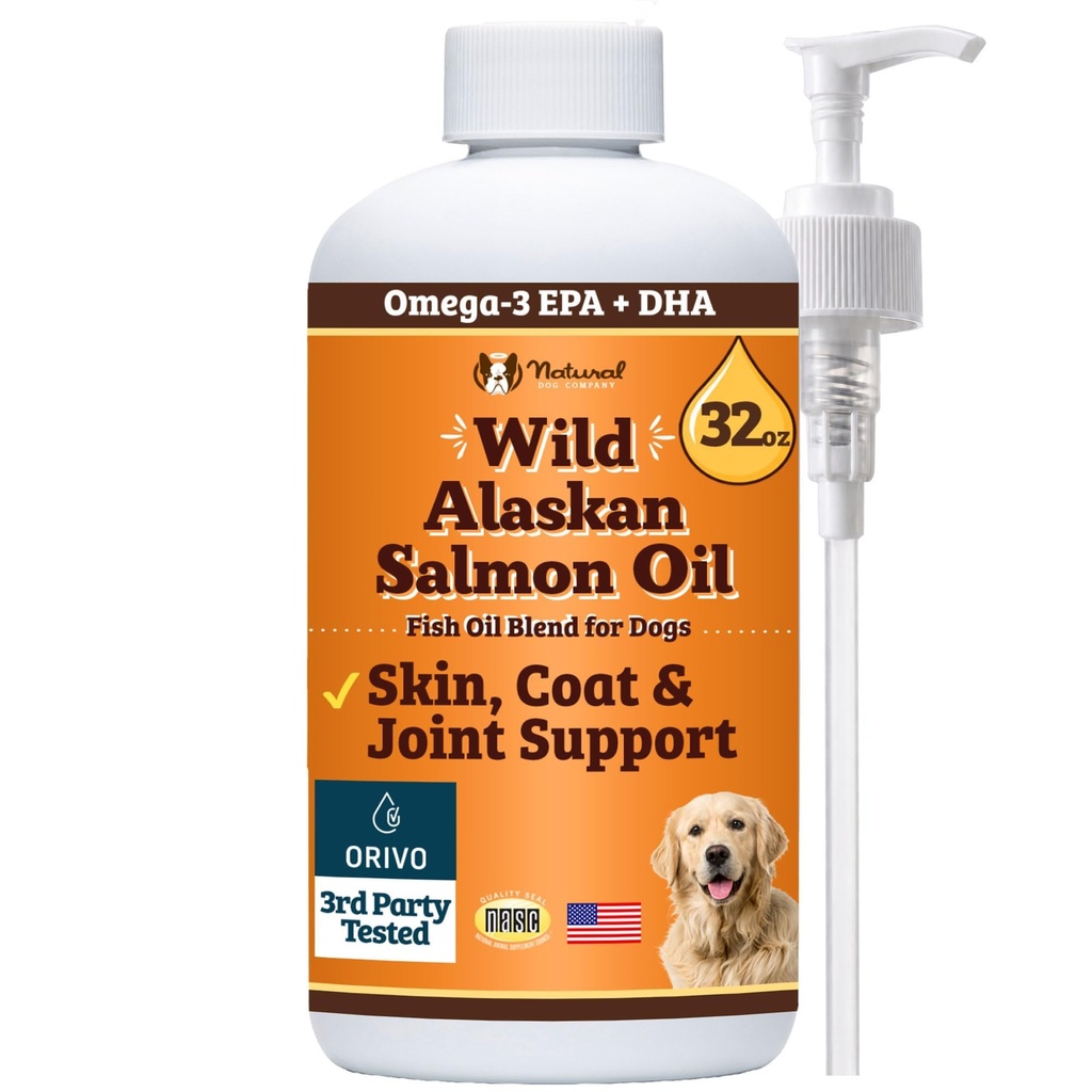Natural Dog Company Wild Alaska Salmon Oil Formula dengan Omega 3, Fish Oil for Dogs Supplement, Skin & Coat Dog Oil, Itchy Relief, Imune Dukungan untuk Joints & Heart, Food Topper, 32 oz