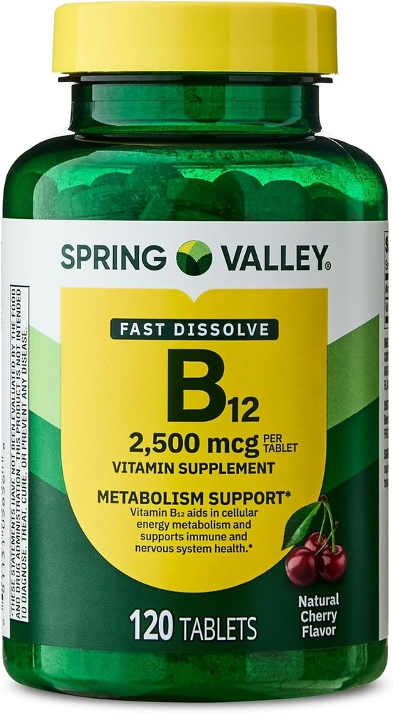 Spring Valley, Vitamin B12 2500 MCG, B12 Quick- Dissolve Cherry Flavor Tablets, Vitamin B12, 120 Count - New Look (Pack of 1)