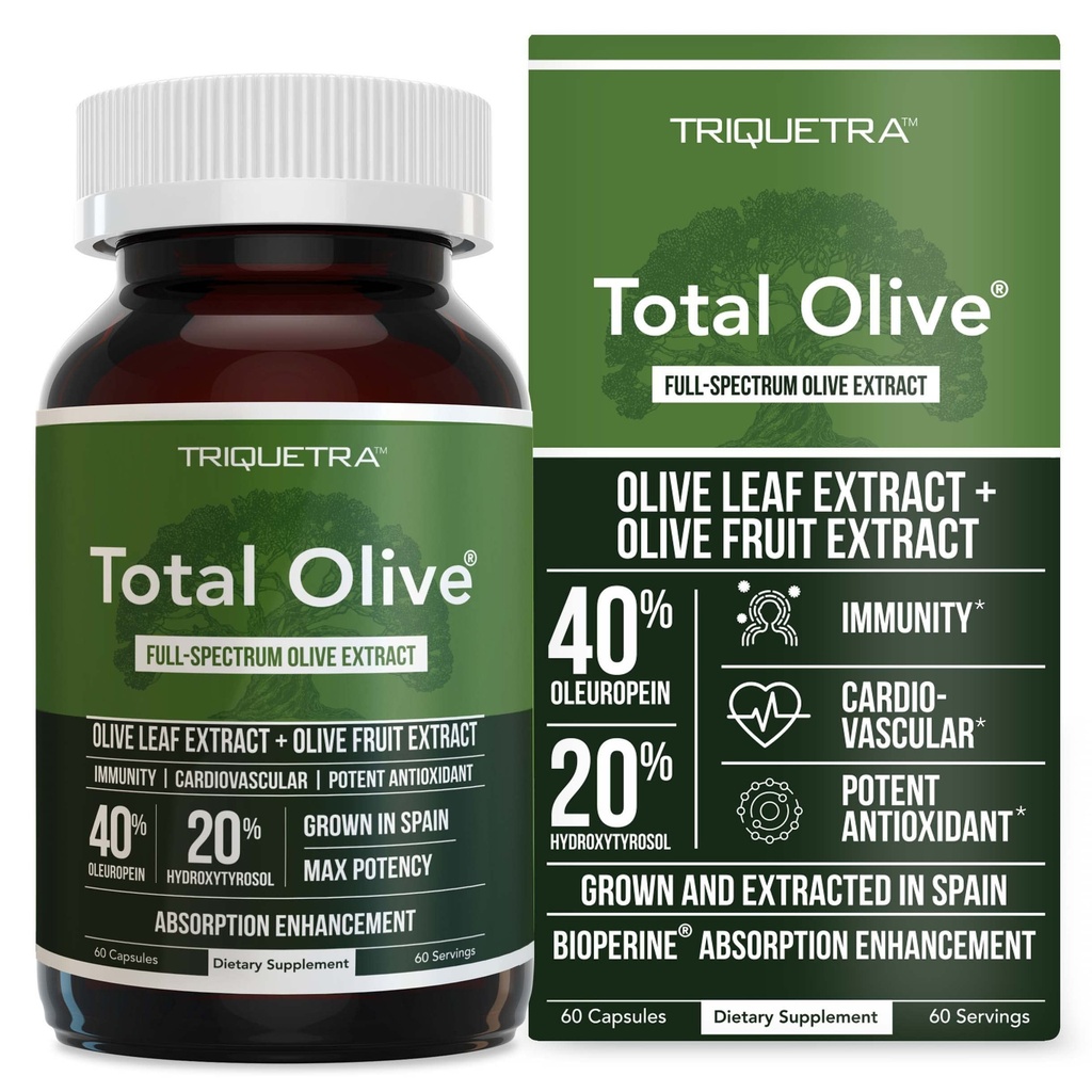 Total Olive ® - Olive Leaf Extract (40% Oleuropein) Plus Olive Fruit Extract (20% Hydroxytyrosol) - Full Spectrum Extract Grown & Extracted in Spanyol - BioPerine Absorcement Enhancement (60 Count)