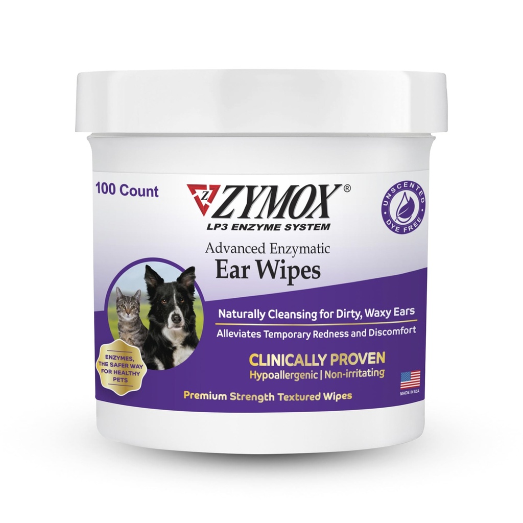 Zymox Advanced Enzymatic Wipes for Dogs and Cats - for Dirty, Waxy, Smelly Ears - Premium Power Ear Cleaner Wipes - Non-Irritating - Hypoallergenic - 100 ct
