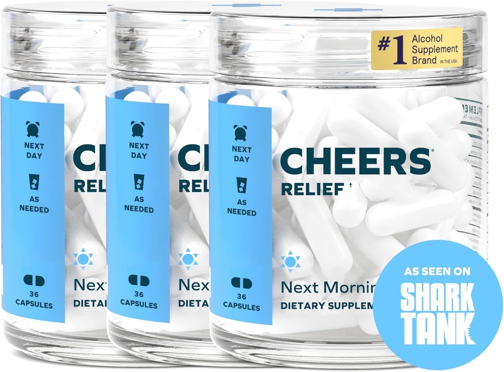 Cheers Relief 124; Next Morning Aid with Ginger + White Willow Bark 124; Feel Better After Drinking 124; 36 Doses 124; Ginger, White Willow Bark, L- Theanine, Caffeine