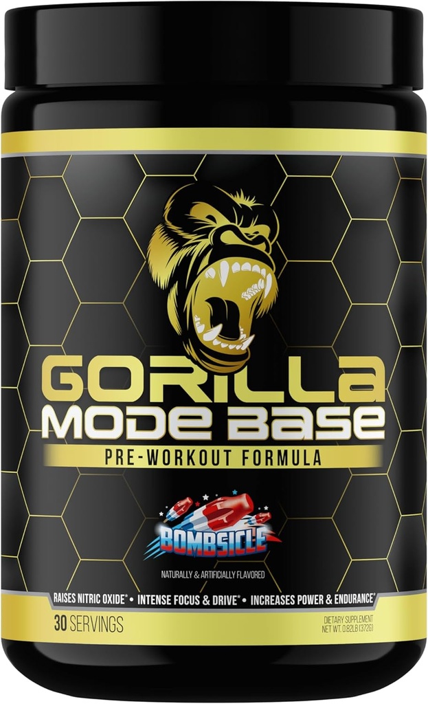 Gorilla Mind Base Pre Workout - Raises Nitric Oxide Intense Focus & Drive Endurance Power - L-Citrulline, L-Tyrosine, Betaine, GPC, Caffeine, Huperzine A - 360 Grams (Bombsicle)